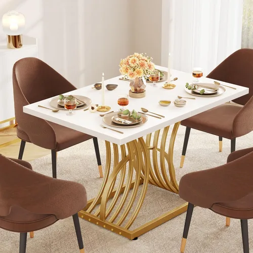 Miniatura 6 de DWVO - Mesa de comedor moderna de 47 pulgadas para 4 personas, mesa rectangular de cocina con superficie blanca y patas geométricas doradas, mesa