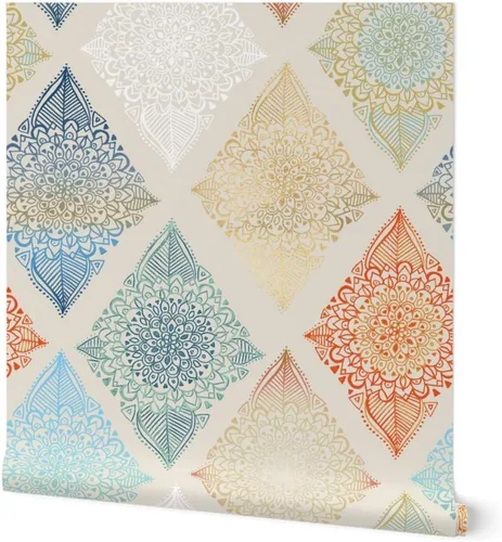 Spoonflower Papel tapiz para despegar y pegar, diseño de diamantes bohemios, mandala de diamante bohemio, azul, mostaza, floral, papel tapiz