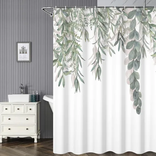 Miniatura 11 de Cortinas de ducha botánicas verdes de 36 x 72 pulgadas, hojas de eucalipto naturales de primavera para minimalismo moderno, decoración de baño, tela