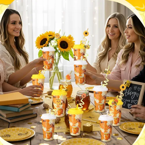 Miniatura 6 de Yungyan 16 juegos de tazas de golosinas con tapas y pajitas para decoraciones de cumpleaños, reutilizables, 16 onzas, vasos de plástico para dulces
