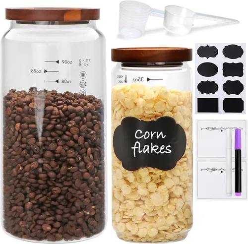 Miniatura 8 de Contenedores de almacenamiento de vidrio con tapas, tarros de vidrio con tapas de bambú, juego de recipientes para pasta, frutos secos, granos