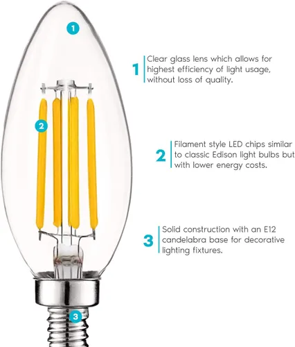 Miniatura 3 de LUXRITE Bombilla LED de candelabro vintage equivalente a 60 W, 550 lúmenes, 2700 K blanco cálido, bombillas LED de araña de 5 W, regulables, vidrio