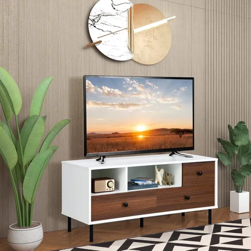 Miniatura 9 de GOFLAME Soporte de TV para TV de hasta 50 pulgadas, moderno centro de entretenimiento con 3 cajones y 2 estantes de almacenamiento abiertos, mueble