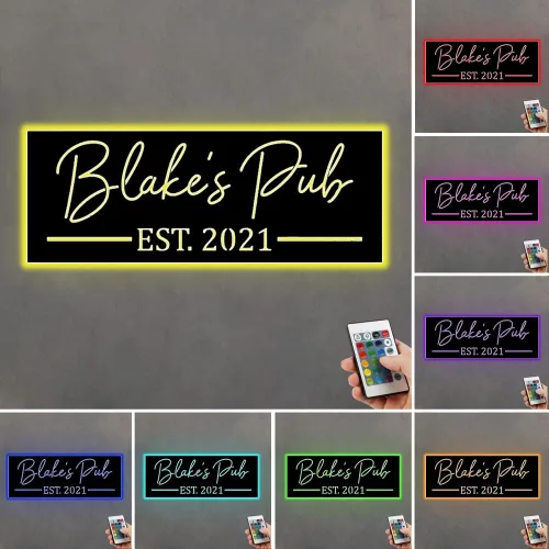 Miniatura 2 de Señales de barra de nombre de neón LED personalizadas, señal de bienvenida de familia de metal para decoración de bar, luz de barra abierta