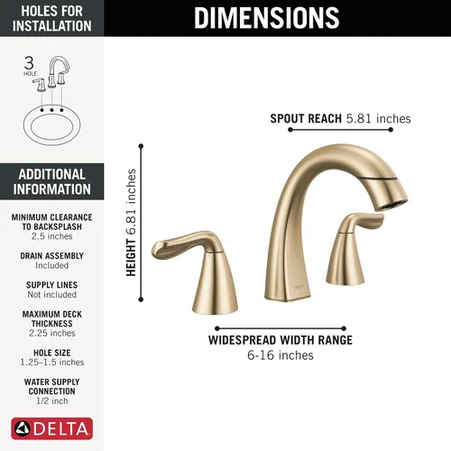 Miniatura 6 de Grifo de baño Delta Arvo de oro cepillado con rociador, grifo de lavabo de baño de 8 pulgadas y 3 orificios de instalación extendida con rociador