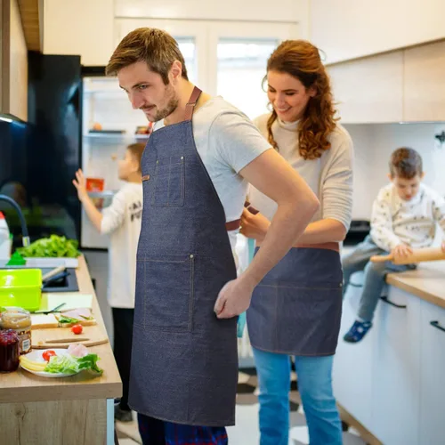 Miniatura 7 de KPD Delantal de mezclilla con bolsillos, ajustable azul para cocina, barbacoa y jardín, delantal de trabajo para hombres y mujeres