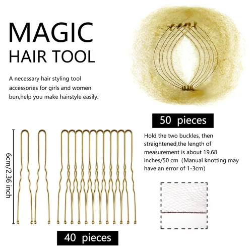Miniatura 2 de Zonon - Mallas para moño invisibles con borde elástico y horquillas en forma de U, juego de 50 unidades de mallas para el cabello invisibles, 40