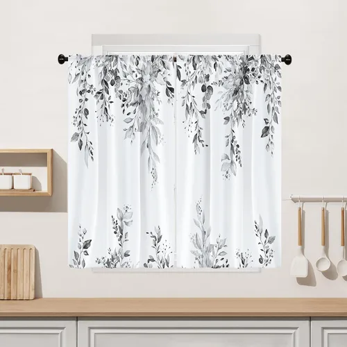 Miniatura 18 de Cortina de eucalipto negro y gris, cenefa para tratamiento de ventana, estilo bohemio, rústico, floral, bolsillo para barra, cortinas de ventana