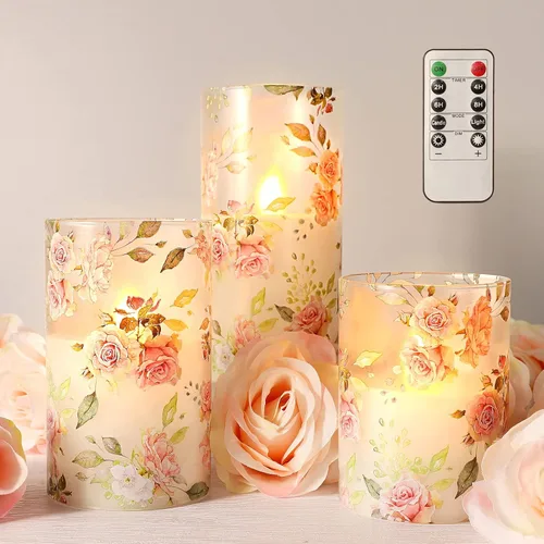 Miniatura 6 de Velas de pilar sin llama, color rosa, velas LED de cristal, funcionan con pilas con control remoto/temporizador, juego de 4 velas para regalos
