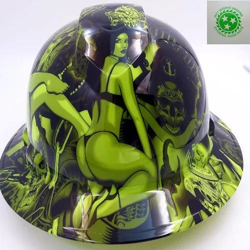 Miniatura 2 de Personalizado Pyramex Full Brim Green Biker Babes Hard Hat con suspensión de trinquete