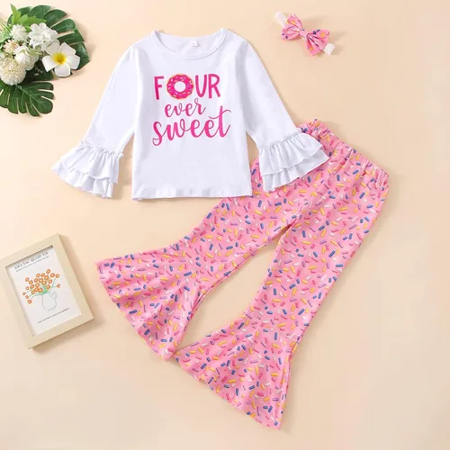 Miniatura 10 de Conjunto de ropa de cumpleaños para bebé niña pequeña, camiseta de manga larga, pantalones de campana, diadema