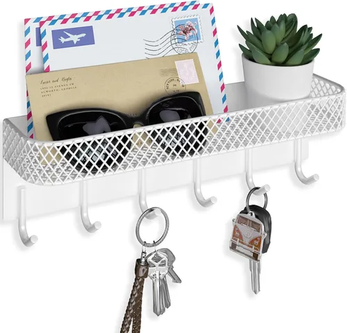 Miniatura 7 de Lwenki Soporte para llaves de pared – Colgador decorativo de acero inoxidable con 6 ganchos para sombreros, bolsos, correas – Organizador de correo