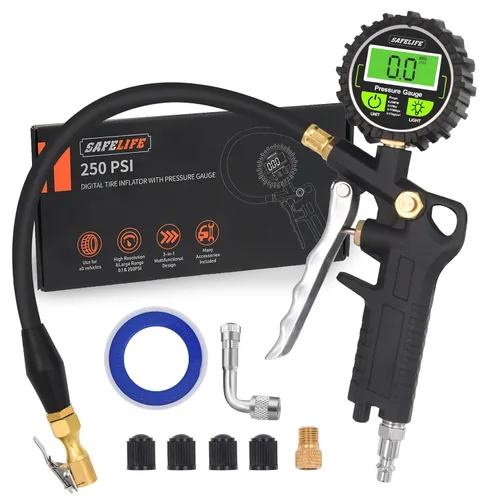 SAFELIFE Medidor Digital de Presión de Neumáticos con Inflador, Portabrocas de Aire de 250 PSI con Manómetro y Accesorio Inflador de Neumáticos para