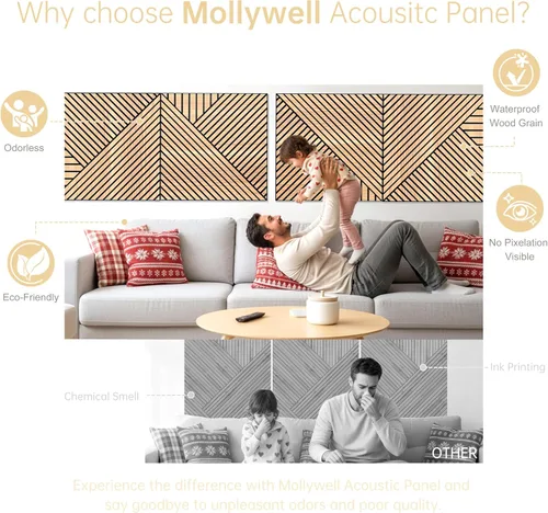 Miniatura 4 de Mollywell Paneles de pared acústicos artísticos, 23.6 x 23.6 pulgadas, paquete de 8 unidades, chapa de grano de madera de PVC, decoración de pared
