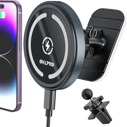 OHLPRO Cargador de coche MagSafe para iPhone, cargador inalámbrico para coche, soporte magnético para teléfono para iPhone 17 Pro Max 16 15 14