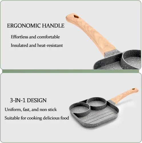 Miniatura 5 de JUSTUP Sartén antiadherente para huevos, mini sartén antiadherente 3 en 1, sartén dividida, mango resistente al calor, sartén de 3 secciones, mini