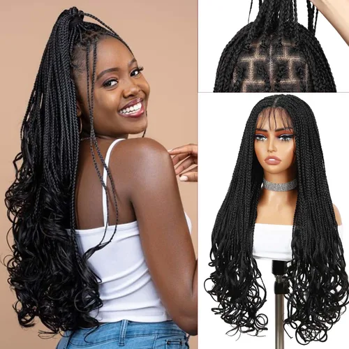 Pelucas trenzadas de encaje completo, sin nudos, trenza, peluca de extremos rizados para mujeres negras, 28 pulgadas, cuadrada, trenzada, encaje