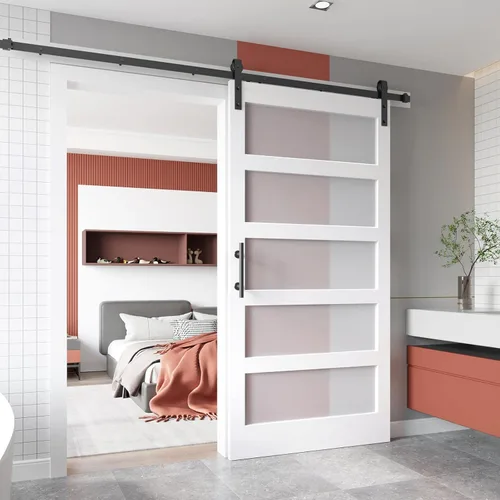 Miniatura 10 de EaseLife puerta de granero de vidrio de 28 x 84 pulgadas con kit de herrajes deslizantes de 5 pies incluido y manija, madera maciza cubierta