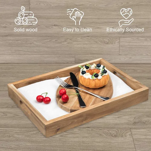 Miniatura 7 de VICTORY RELAX Bandeja de Servir Rectangular de Madera de Acacia Natural con Asas, Juego de 2 (15"x11" y 13"x10"), Bandeja Grande para Otomana