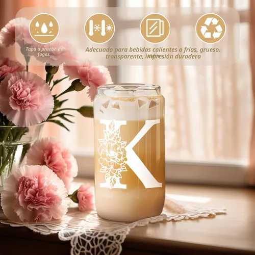 Miniatura 2 de Taza de Vidrio Inicial Coolife, Regalos Personalizados con Monograma para Mujeres, Tazas de Vidrio de 16 oz con Tapas y Popotes, Vaso de Café