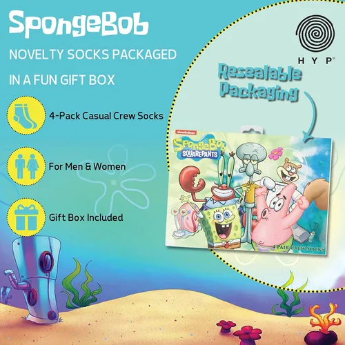 Miniatura 2 de Hyp Calcetines de Bob Esponja para hombre y mujer con pantalones cuadrados de Bob Esponja, caja de regalo, paquete de 4 calcetines casuales
