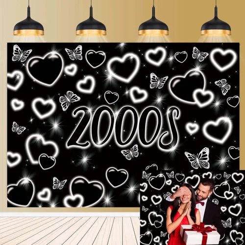 Fondo de fotos de principios de la década de 2000 de 7 x 5 pies, fondo de corazón negro con purpurina Y2k, decoración de fiesta de moda temprana,