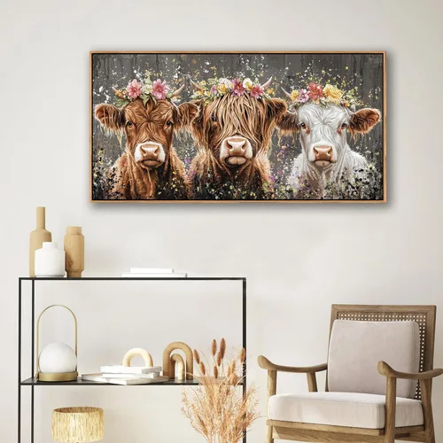 Miniatura 3 de AJAZIKO Arte de Pared de Vaca de las Tierras Altas - Decoración de Pared de Granja y Campo Rústico, Cuadros Grandes en Lienzo para Sala de Estar