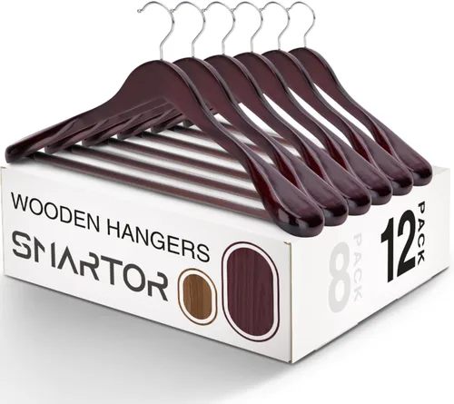 Miniatura 9 de SMARTOR Perchas de madera para hombres paquete de 8 perchas de madera con hombro ancho con barra antideslizante para pantalones, colgador ancho