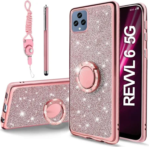 Para Revvl 6 5G /6X/T-Mobile T Phone 5G Glitter Crystal Butterfly Heart Floral Slim TPU Luxury Bling Cute Funda protectora con soporte + correa