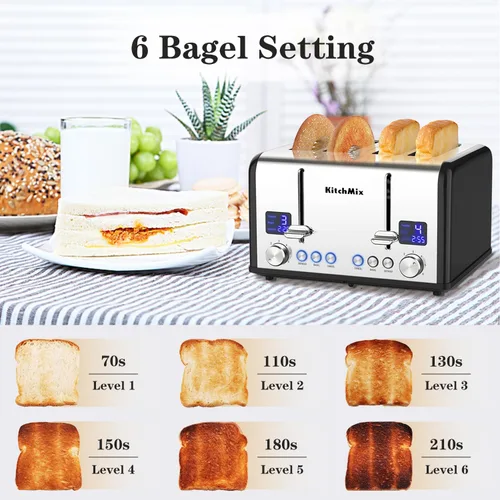 Miniatura 2 de Tostadora de 4 rebanadas, tostador de panecillos de acero inoxidable KitchMix con temporizador LCD, ranuras extra anchas, pantalla dual, bandeja