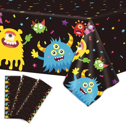 Gisgfim 3 piezas de suministros de mantel de fiesta de monstruo – Fundas de mesa de colores para decoración de cumpleaños, decoración temática de