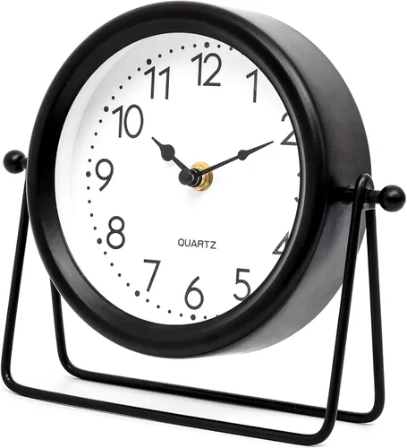 Reloj de mesa negro vintage con soporte, decorativo para escritorio y estante, funciona con pilas, decoración de mesa para sala de estar,