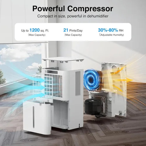 ZAFRO 1200 Sq.Ft Dehumidifier for Home & Basement with Drain Hose, Ultra Quiet 40dB, Energy Saving 21 Pints Dehumidifier with Auto & Manual