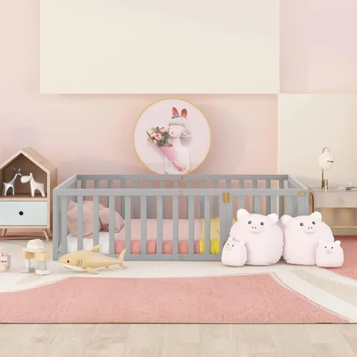 Miniatura 3 de Cama de suelo para niños, marco de cama Montessori de tamaño matrimonial con barandillas de valla para niños, camas de madera para niños y niñas