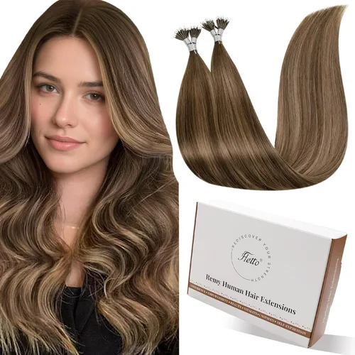 Miniatura 27 de Hetto Extensiones de cabello humano con nano cuentas, balayage, extensiones de cabello humano, color negro degradado a plateado, extensiones