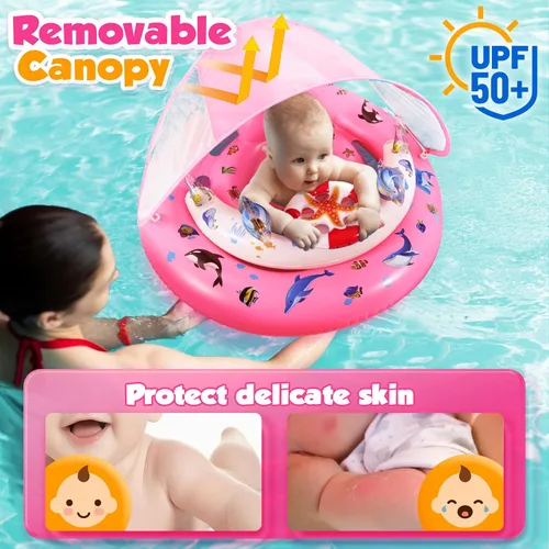 Miniatura 2 de Flotador de piscina para bebé con dosel de protección solar UPF50+, flotadores inflables para piscina de niños con consola de juego para bebé de 6 a