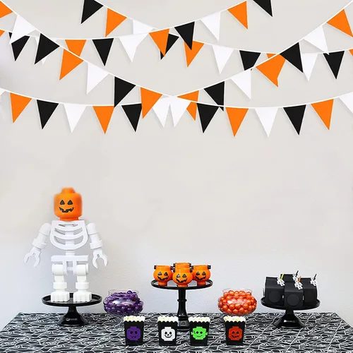 Miniatura 7 de Decoraciones de fiesta de Halloween naranja y negro de 32 pies, banderines de tela de araña, calavera y murciélagos, banderines triangulares