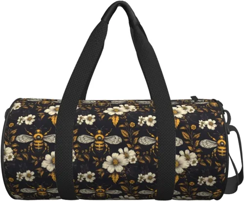 Miniatura 7 de Large Duffle Bag for Travel - Retro Floral Bee Yellow Print Gym Bag for Women Men, Travel Foldable Bags for Women Men with Zippered Multiple Pockets