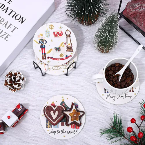 Miniatura 5 de Whaline Juego de 4 posavasos de Navidad, juego de 4 posavasos de cascanueces para Navidad, invierno, vacaciones, cerámica para decoración de mesa