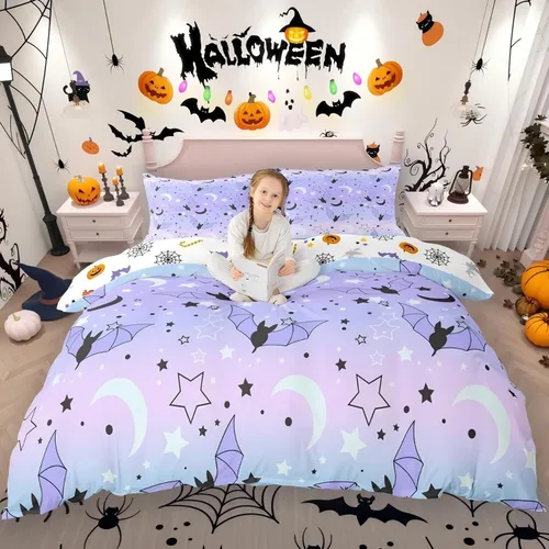 Miniatura 28 de Erosebridal Juego de ropa de cama de murciélago de Halloween, tamaño individual, con purpurina y estrellas, galaxia, funda de edredón para niños
