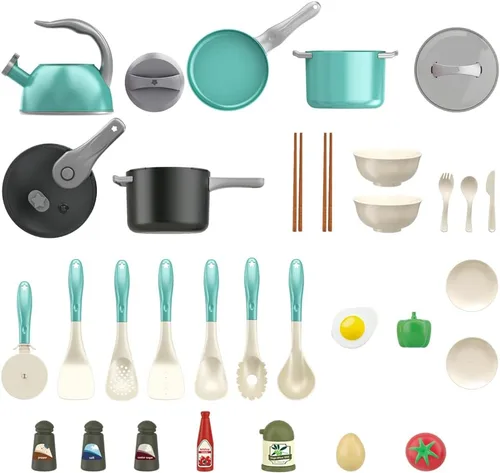 Miniatura 9 de Bruvoalon Juego de 32 juguetes de cocina para niños, accesorios de cocina con ollas, sartenes, utensilios de cocina, alimentos, verduras enlatadas