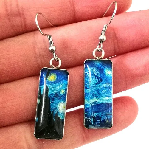Miniatura 6 de Van Gogh - Aretes colgantes con diseño de girasol y cielo estrellado para mujer, aretes de arte abstracto