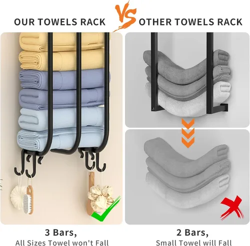Miniatura 5 de Toalleros para baño, toallero montado en la pared con estante de metal y 4 ganchos para colgar, estante de toallas para baño pequeño, puede contener