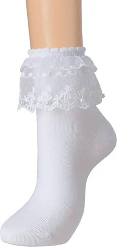 SRYL Women Ruffle Pearls Ankle Socks Lace Frilly Socks, Cute Cotton Socks Ladies Girl Princess Lace Socks