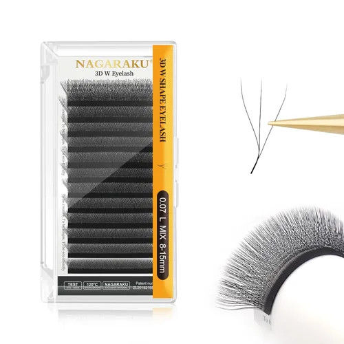 Miniatura 201 de NAGARAKU Extensiones de pestañas Double Tips 4D W, suministros con puntas dobles, gruesas con rizado D de 0.07 mm, bandeja mixta 8-15 mm, 0.07-D