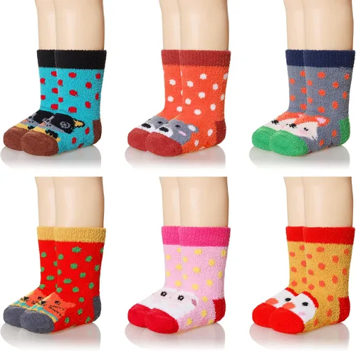 6 pares de calcetines antideslizantes para bebés y niñas, calcetines cálidos con agarres para niños pequeños, de lana gruesa y suave, para invierno