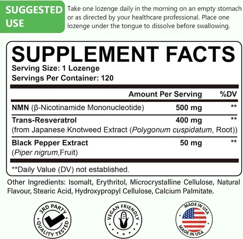 Miniatura 2 de Sublingual NMN 500 mg + Trans-Resveratrol 400 mg, fórmula avanzada 3 en 1 99% puro NMN Resveratrol Suplemento para Boost* NAD, células, inmune