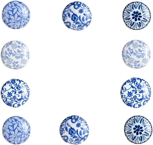 Perilla Home Juego de 10 pomos redondos azules de cerámica para cajones, hechos a mano, brillantes, decorativas, vintage, para el hogar, cocina,