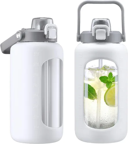 Miniatura 8 de Botella de agua de vidrio de 72 onzas con popote 2 en 1 y tapa de chug, botella de vidrio motivacional grande con marcador de capacidad y funda