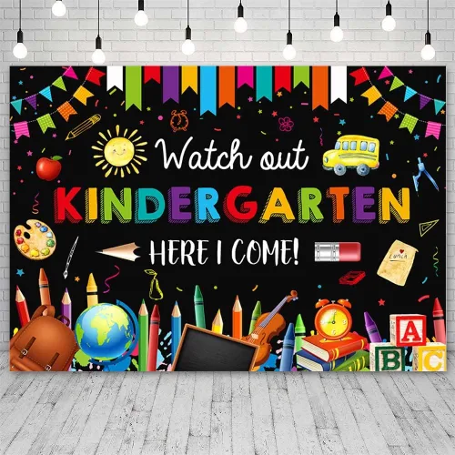 Miniatura 4 de AIBIIN Fondo de 7 x 5 pies para jardín de infantes para el regreso a la escuela, con texto en inglés "Watch Out Kindergarten Here I Come", Negro